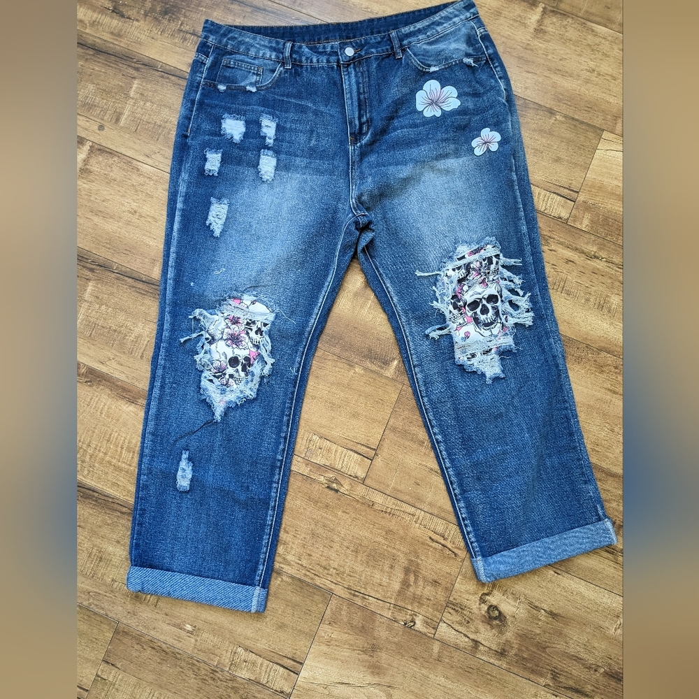Baggy Mom y2k Jeans Wide Leg Women Skull distressed print 3XL NWOT